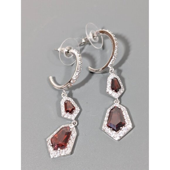 Bomb Party Earrings Simulated Ruby Red Dangle Hoop Earrings Birthstone - Picture 4 of 8